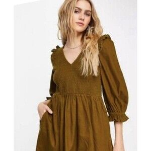 Madewell Olive Green Midi Dress with Smocked Bodice
